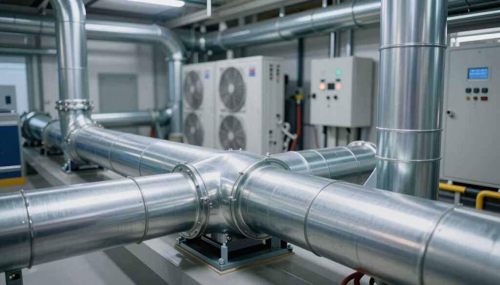 A detailed cross-section of a modern air duct system, showcasing various ventilation channels prominently in the foreground. The ducts are sleek and metallic, with clear connections and junctions, reflecting their purpose in efficient air distribution. In the middle ground, incorporate a well-organized mechanical room with visible HVAC units, filters, and control panels, illuminated by soft, even lighting to highlight the functionality of the setup. In the background, gently blurred industrial elements convey a professional atmosphere. Use a wide-angle lens effect to capture the entire scene in one frame. The overall mood should be technical and sterile, emphasizing the importance of proper ventilation in modern building designs without any distractions or extraneous details.