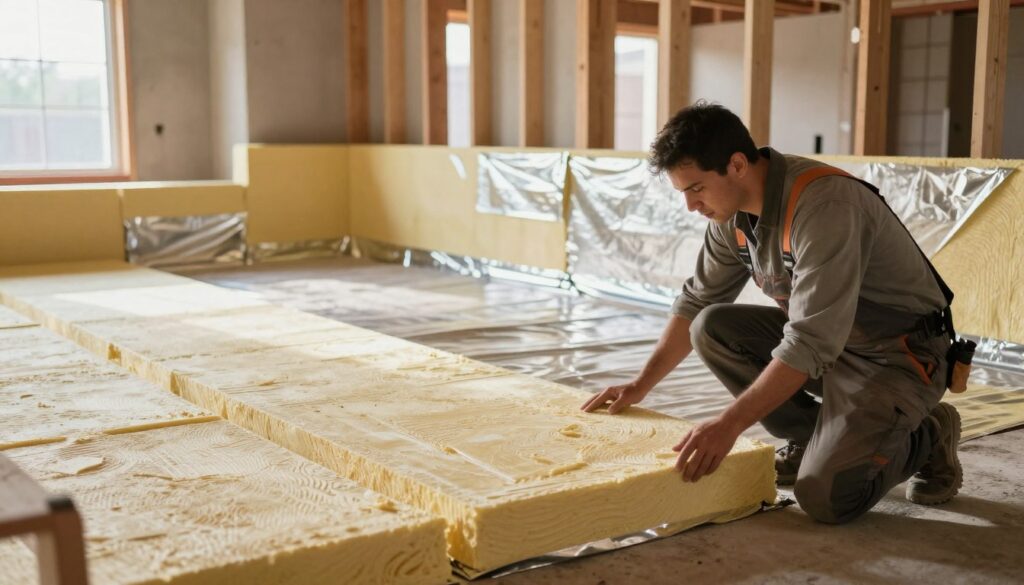 A detailed depiction of a modern construction site featuring styrofoam insulation being used as a moisture barrier. In the foreground, a professional contractor in modest work attire inspects the styrofoam sheets laid out on the ground, emphasizing their role in protecting against moisture. The middle ground showcases the installation of vapor barrier foil over the insulation, highlighting its seamless application and technical precision. In the background, a well-lit room under construction, with beams and walls supporting a future floor installation. Soft natural light enters through the windows, creating a warm and inviting ambiance, while shadows underscore the importance of proper moisture protection in flooring systems. The overall mood is informative and professional, focusing on the critical function of insulation materials. A detailed depiction of a modern construction site featuring styrofoam insulation being used as a moisture barrier. In the foreground, a professional contractor in modest work attire inspects the styrofoam sheets laid out on the ground, emphasizing their role in protecting against moisture. The middle ground showcases the installation of vapor barrier foil over the insulation, highlighting its seamless application and technical precision. In the background, a well-lit room under construction, with beams and walls supporting a future floor installation. Soft natural light enters through the windows, creating a warm and inviting ambiance, while shadows underscore the importance of proper moisture protection in flooring systems. The overall mood is informative and professional, focusing on the critical function of insulation materials.