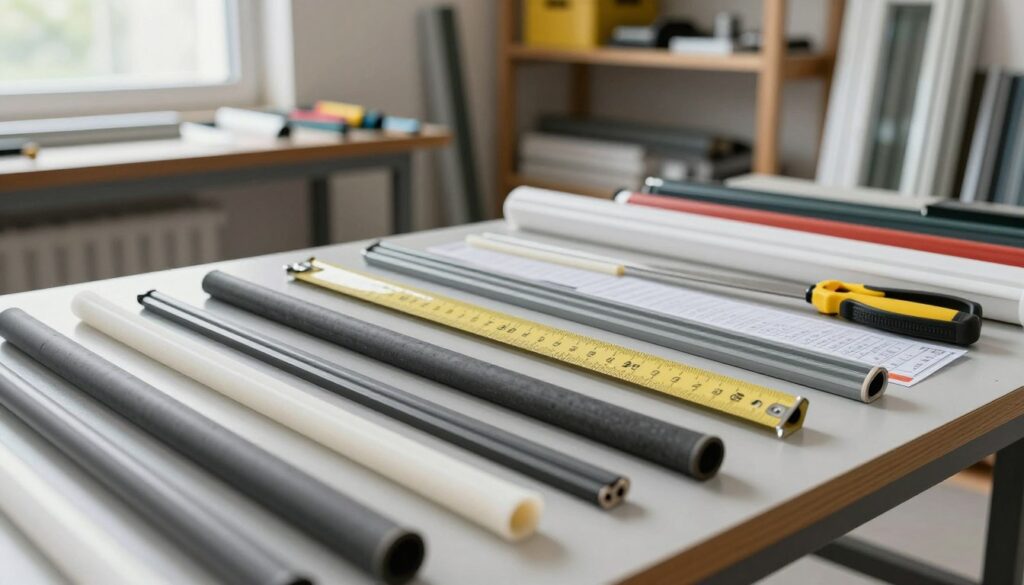 A detailed depiction of various window seals displayed on a table in a well-lit workshop setting. In the foreground, close-up shots of different types of window seals, focusing on their textures and materials, such as rubber, silicone, and foam. The middle ground features a variety of measuring tools and specifications laid out neatly, emphasizing the key parameters for selecting window seals. The background includes shelves stocked with window installation materials and tools, creating a professional atmosphere. Soft, natural light filters through a nearby window, casting gentle shadows. The overall mood is informative and focused, ideal for illustrating technical aspects of window seal selection.