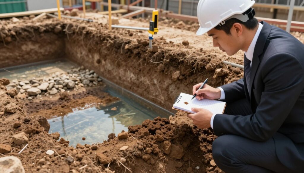 A detailed geological survey scene illustrating soil conditions and groundwater levels. Foreground features a professional engineer, dressed in business attire, kneeling beside a soil test pit, examining soil samples with a field notebook and pen. In the middle ground, a clear water table is visible, showing varying layers of soil and rock sediment. The background includes a construction site with a foundation laid out, showcasing stakes and measuring equipment. Soft, natural lighting enhances the scene, casting subtle shadows to accentuate the textures of the soil. The overall atmosphere is focused and analytical, with an emphasis on precision in ground conditions, making it suitable for a technical article about safe garage construction. A detailed geological survey scene illustrating soil conditions and groundwater levels. Foreground features a professional engineer, dressed in business attire, kneeling beside a soil test pit, examining soil samples with a field notebook and pen. In the middle ground, a clear water table is visible, showing varying layers of soil and rock sediment. The background includes a construction site with a foundation laid out, showcasing stakes and measuring equipment. Soft, natural lighting enhances the scene, casting subtle shadows to accentuate the textures of the soil. The overall atmosphere is focused and analytical, with an emphasis on precision in ground conditions, making it suitable for a technical article about safe garage construction.