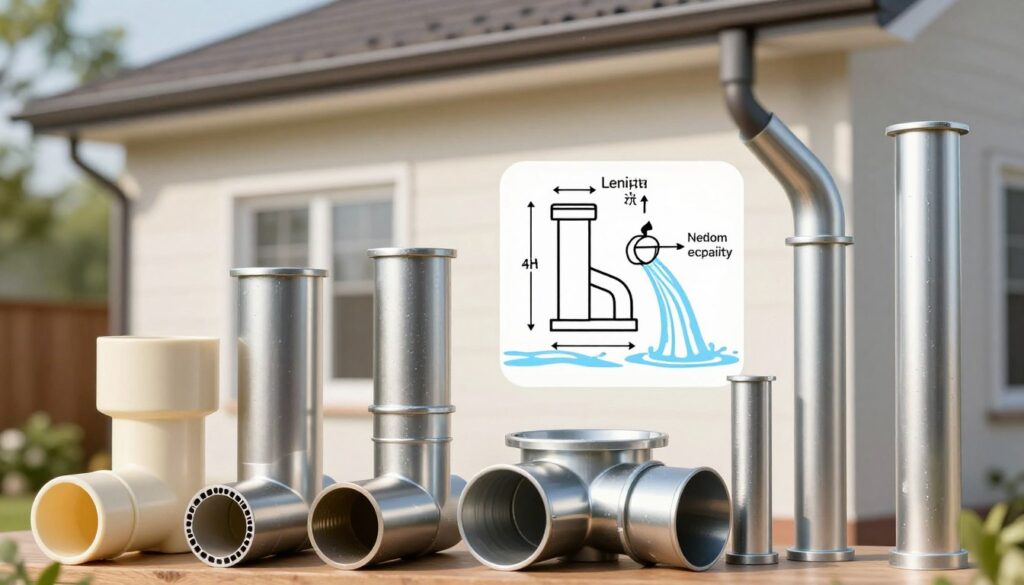 A detailed illustration focusing on technical specifications of downspouts, showcasing various types of downspouts arranged in a visually engaging manner. In the foreground, display different materials such as PVC, metal, and aluminum downspouts with cross-sectional views to emphasize their structure and design features. The middle ground features a schematic diagram outlining key parameters like diameter, length, and flow capacity, along with water flow represented through arrows. The background includes a stylized house with integrated rain gutters, hinting at placement and functionality. Utilize natural lighting to highlight textures and colors, with a shallow depth of field to keep the focus on the downspout details. The atmosphere should be informative and technical, appealing to homeowners and builders alike.