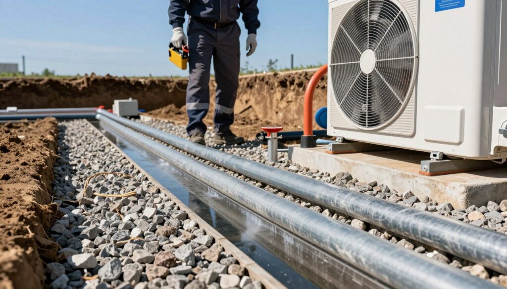 A detailed illustration of a heat pump installation site focusing on condensation drainage. In the foreground, show a well-designed drainage system with smooth pipes leading away from the heat pump, surrounded by gravel for effective water management. In the middle ground, depict a technician in professional attire inspecting the setup, with tools in hand, ensuring everything is correctly positioned. In the background, illustrate a clear blue sky above a freshly dug foundation, emphasizing proper depth and stability for the heat pump. The lighting should be bright and natural, reflecting a sunny day to evoke a sense of professionalism and attention to detail. The atmosphere is technical and industrious, aimed at showcasing essential aspects of condensation drainage and vibration isolation for heat pump installations.
