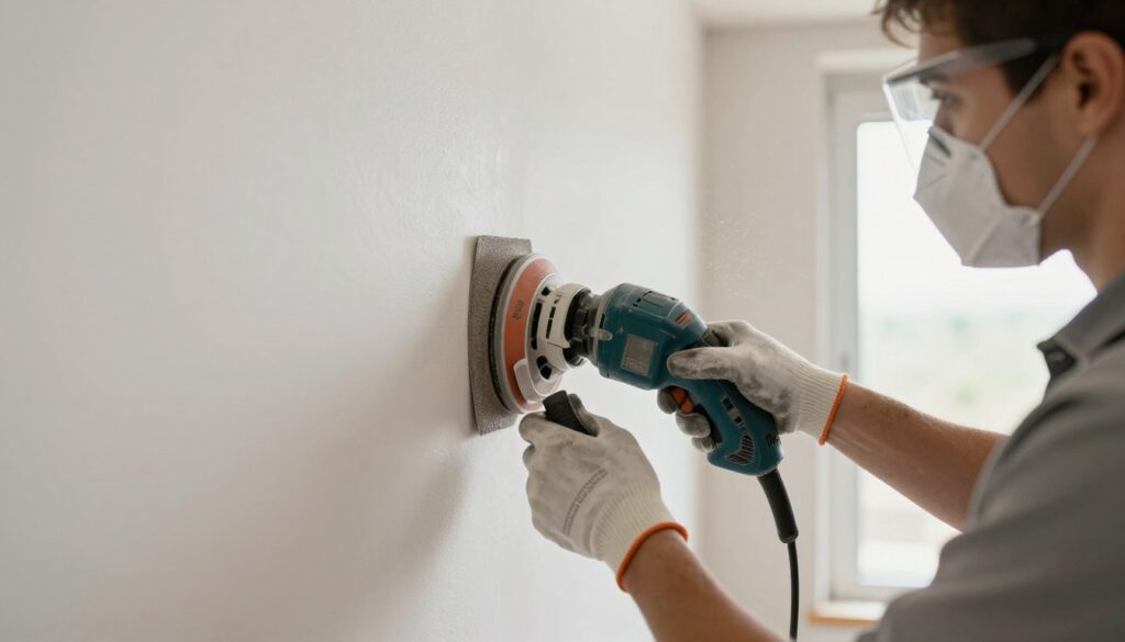 A detailed scene depicting a professional contractor skillfully sanding a wall to achieve a smooth finish, focusing on the process of "szlifowania gładzi." In the foreground, a person wearing a safety mask and gloves, dressed in modest work attire, is using an electric sander with fine-grit sandpaper. The mid-ground features the wall being worked on, showcasing a close-up of the smooth surface contrasted against rough patches. In the background, a well-lit room with soft natural light coming through a window, highlighting the dust particles in the air and enhancing the atmosphere of a focused, meticulous workspace. The overall mood is one of professionalism and attention to detail, emphasizing the importance of grit selection in achieving a flawless finish.