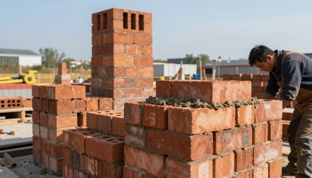 A detailed scene of a chimney construction site, showcasing various types of bricks specifically designed for challenging conditions. In the foreground, focus on sturdy, heat-resistant bricks stacked neatly, with a mason applying mortar with precision, dressed in professional work attire. In the middle ground, a partially constructed chimney rises, displaying its robust structure and design. The background features an industrial landscape, with construction tools and equipment scattered around, under a clear blue sky. Soft, natural lighting highlights the textures of the bricks, while shadows cast create a sense of depth and realism. The overall mood is industrious and focused, emphasizing craftsmanship and durability in building materials.
