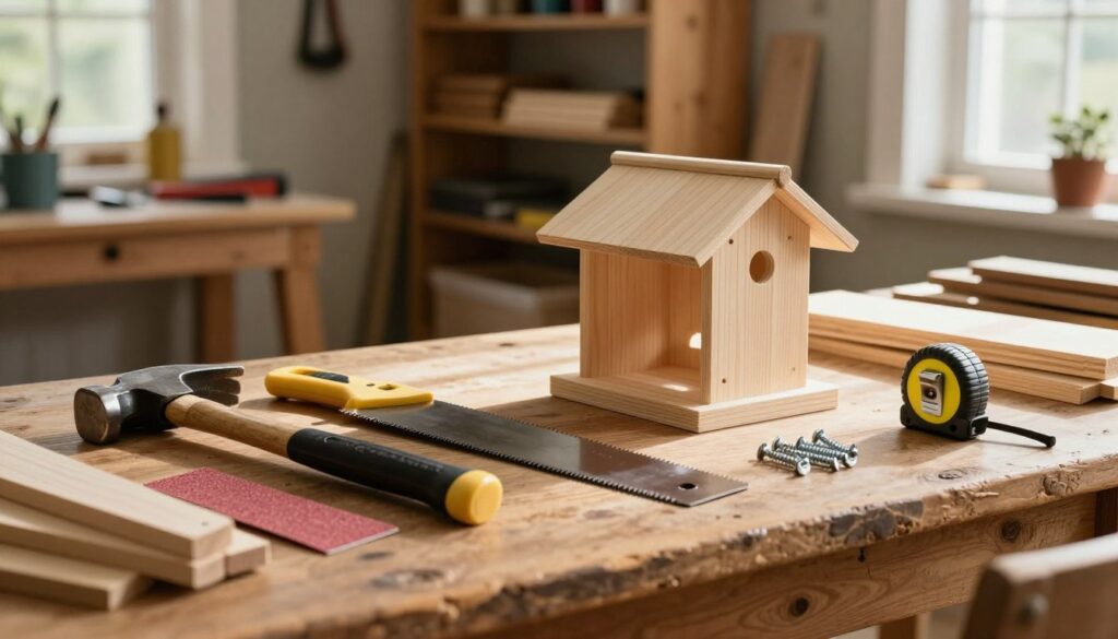 A detailed selection of essential tools for building a bird feeder, arranged on a rustic wooden workbench. In the foreground, display a hammer, saw, measuring tape, sandpaper, and wood screws, with a few wooden planks beside them. The middle section should have a partially constructed bird feeder, showcasing its basic shape. In the background, softly blurred shelves filled with various tools and wood materials create an inviting workshop atmosphere. Natural light streams in from a nearby window, casting warm highlights and gentle shadows that enhance the craftsmanship mood. The overall tone is focused and serene, emphasizing the joy of creating something beautiful for nature.