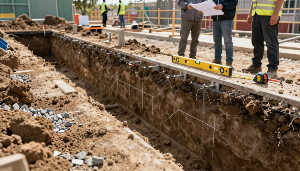 A detailed view of a deep trench designed for a heat pump foundation, with a focus on the structural aspects. In the foreground, show a freshly excavated trench, clearly marked for dimensions, with soil and gravel neatly piled to one side. In the middle area, display some technical tools like a level and measuring tape, indicating an organized setup for installation. In the background, include a construction site with professionals in advanced technical attire, discussing plans, while ensuring the environment is bright, with natural sunlight illuminating the scene. The mood should convey a sense of professionalism and precision, emphasizing the importance of careful preparation in construction for optimal performance of the heat pump.