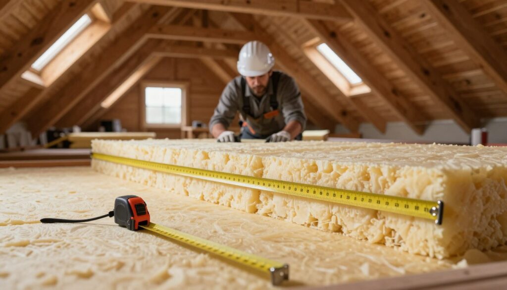 A detailed view of a warm, cozy attic with freshly installed PUR foam insulation layered across the sloped ceiling. In the foreground, a measuring tape and tools are laid out next to the insulation material, emphasizing the technical nature of insulation work. In the middle ground, a contractor wearing a safety helmet and work gloves inspects the insulation thickness, showcasing professionalism. The background features wooden beams and rafters of the attic, bathed in soft, natural light filtering through small windows, creating an inviting atmosphere. The focus is on the insulation's thickness, represented by clear measurements highlighted in depth, conveying a sense of expertise and care in home insulation practices.