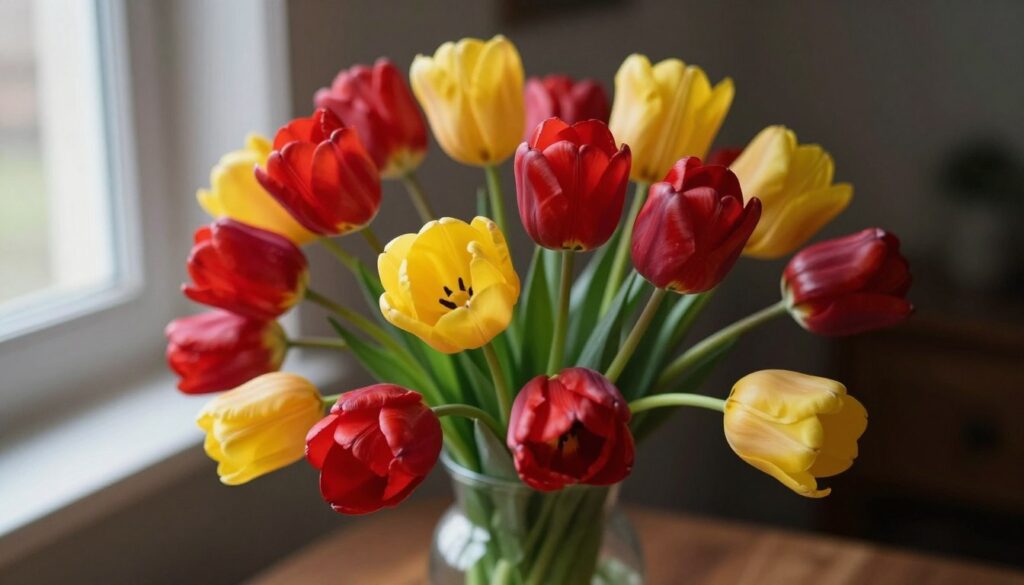 A graceful arrangement of vibrant tulips in a classic glass vase, set against a softly blurred, intimate backdrop of a cozy indoor setting. The tulips showcase a stunning array of colors, from deep reds to bright yellows, their petals slightly drooping to illustrate the theme of wilting. Natural light filters through a nearby window, casting gentle shadows and highlighting the delicate textures of the flower petals and the smooth surface of the vase. The atmosphere is serene and gentle, evoking a sense of fleeting beauty. The angle captures the composition from slightly above, providing a full view of the tulips while ensuring a soft focus in the background, enhancing the emotional impact of the scene.