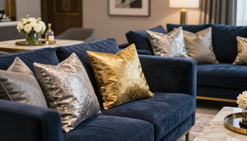 A luxurious living room featuring a deep navy blue sofa adorned with various decorative cushions. The foreground showcases plush, metallic-accented pillows in shades of gold and silver, reflecting light with a shimmering quality. The middle ground includes a stylish coffee table with elegant decor items—a vase of fresh flowers and a sleek decorative tray. The background reveals a soft-focus view of a contemporary wall, subtly textured to enhance the glamour aesthetic. Warm, ambient lighting bathes the room, creating a cozy yet sophisticated atmosphere. The composition is photographed at a slight angle to capture both the sofa and the glimmering cushions, inviting viewers to appreciate the interplay of color and texture in a chic interior design setting.