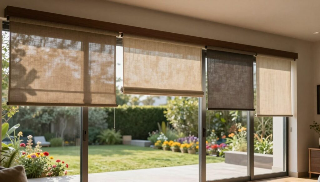 A modern and stylish interior featuring sliding patio doors leading to a serene outdoor space. In the foreground, a variety of unsuitable roller blinds hang from the top of the sliding doors, showcasing mismatched patterns and materials that clash with the overall aesthetic. The middle ground should include the sophisticated patio doors made of sleek glass with minimal frames, allowing ample natural light to flood the room. In the background, a blurred outdoor view reveals a lush garden with bright flowers and greenery, creating a vibrant contrast to the interior. The lighting is soft and warm, creating a cozy atmosphere, while the angle captures the doors and blinds from slightly below. The overall mood is one of reflection on practical design choices, highlighting what can go wrong with roller blind selections for sliding patio doors.
