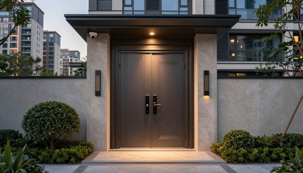 A modern apartment building in a cityscape, showcasing a secure entrance with reinforced, stylish doors designed to withstand break-ins. In the foreground, a well-lit entry area highlights a sturdy door with a sleek design, featuring advanced locking mechanisms. A security camera is mounted above, ensuring surveillance. In the middle ground, neatly trimmed bushes and subtle landscaping surround the entrance, promoting a sense of safety and tranquility. The background features a vibrant urban environment with other apartment buildings, but this particular entrance stands out as a model of security and aesthetics. Soft evening light casts warm shadows, creating a welcoming yet secure atmosphere. The mood conveys peace of mind and sophistication, emphasizing the importance of safety in residential living.