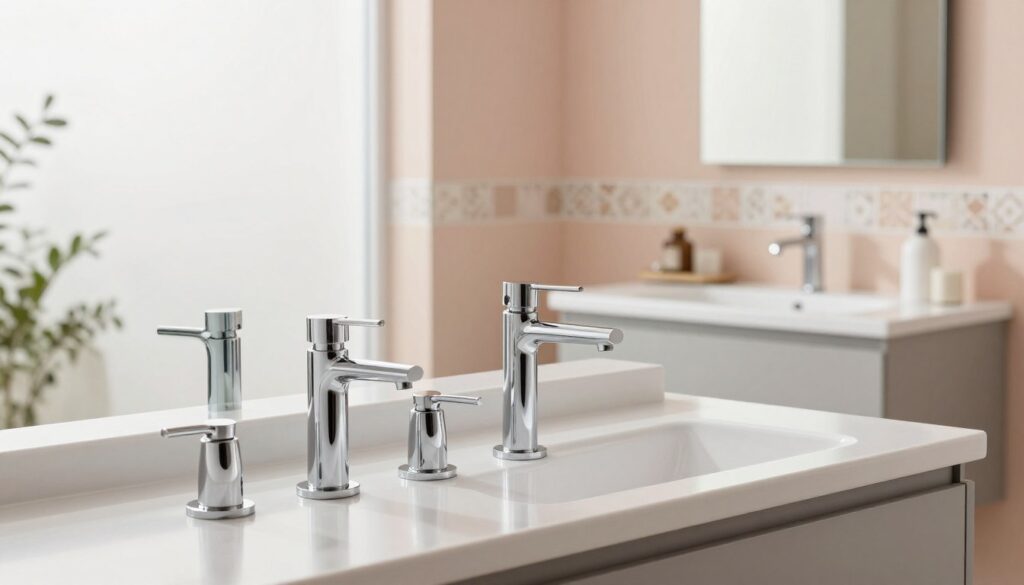 A modern bathroom fixture display showcasing sleek, contemporary designs. In the foreground, elegant chrome faucets and stylish towel racks gleam under soft, diffused lighting, accentuating their clean lines. The middle ground features a minimalist sink with a smooth surface and a mirrored cabinet reflecting stylish accessories. The background reveals soft pastel walls adorned with decorative tiles, enhancing the serene atmosphere. Natural light filters in through a frosted window, creating a calming ambiance. Capture this scene from a slightly elevated angle, emphasizing the modernity and functionality of the fixtures, making them the focal point. The mood is fresh, inviting, and inspirational, ideal for transforming a space without extensive renovations.