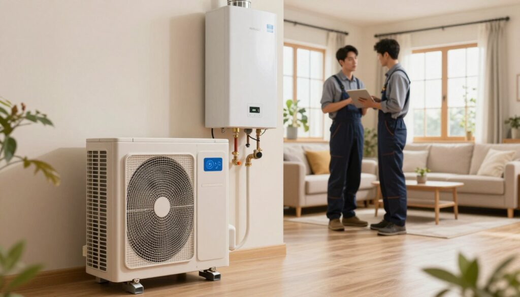 A modern heat pump installation integrated with an existing heating system in a cozy residential setting. In the foreground, a sleek air-water heat pump is positioned next to an updated boiler, showcasing pipes connecting the two systems. In the middle ground, a technician in professional attire is examining the controls with a tablet, demonstrating the integration process. The background features a well-lit living room with energy-efficient windows, illustrating a comfortable home environment. The scene is warmly lit with soft natural light pouring through the windows, creating a welcoming atmosphere. The focus should be on the technical aspects of the heat pump integration while maintaining a harmonious home setting, conveying a sense of innovation and efficiency.