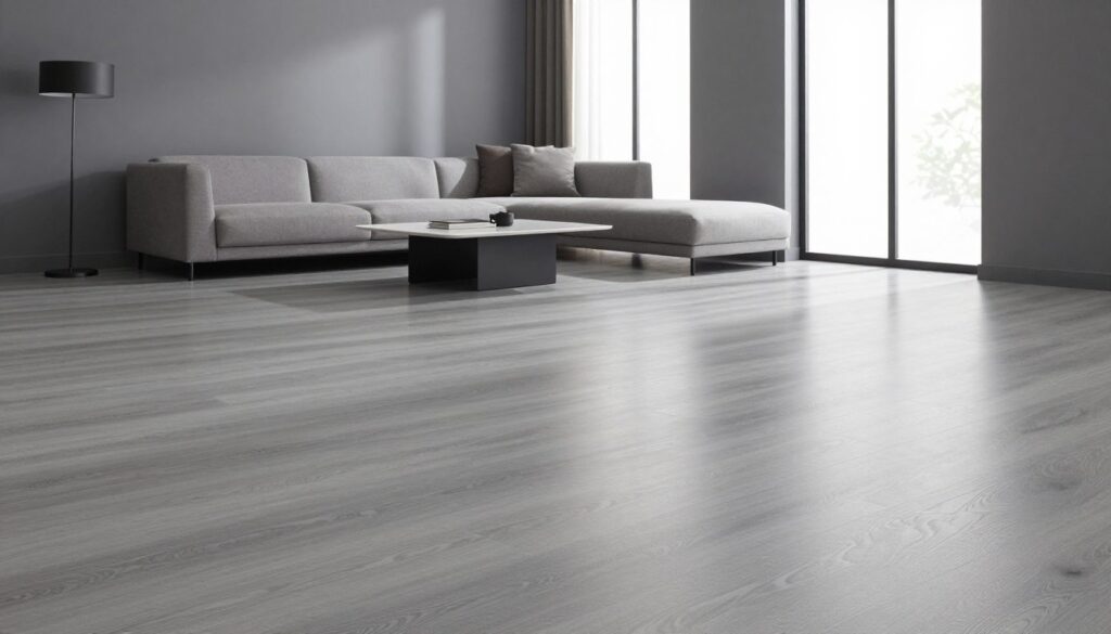 A modern interior featuring a sleek, gray floor that complements the muted gray walls, creating a harmonious atmosphere. The foreground showcases a polished gray laminate floor with subtle textures reflecting light, enhancing its contemporary appeal. In the middle, minimalist furniture in neutral tones, such as a stylish gray couch and a chic coffee table, adds to the modern aesthetic. The background features large windows allowing soft, natural daylight to flood the room, casting gentle shadows that accentuate the spatial design. The overall mood is serene and sophisticated, perfect for showcasing the connection between gray flooring and gray walls in modern interior design. The angle is slightly above eye level, capturing the entire scene in an inviting, spacious layout.