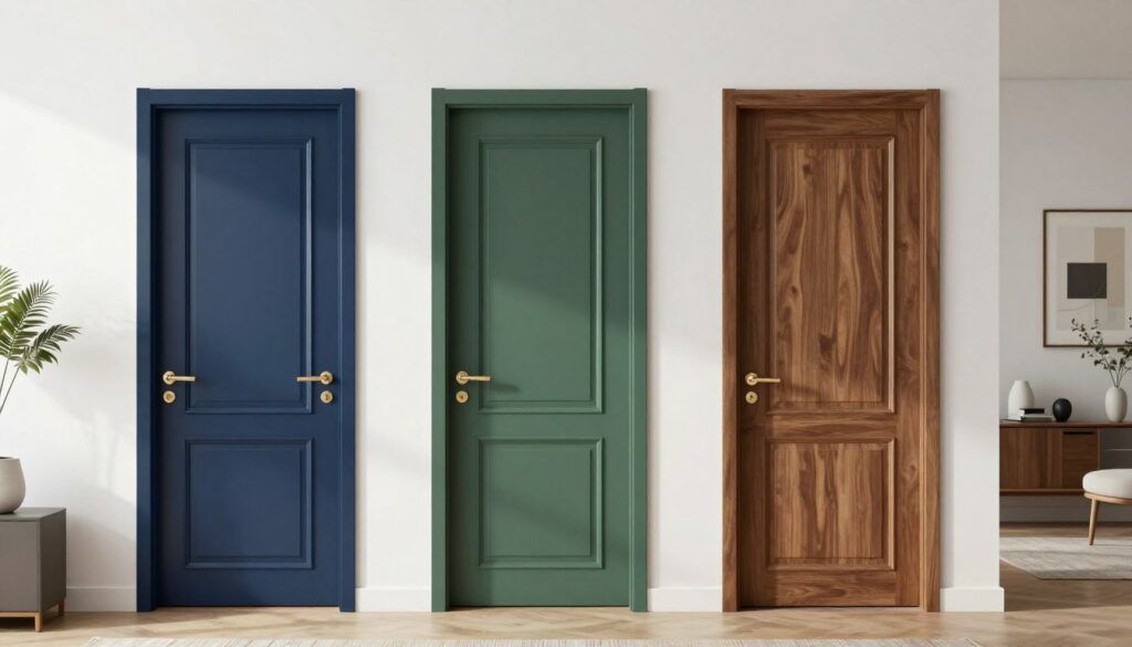 A modern interior scene featuring a stylish white wall with a selection of door colors suitable for different design styles—classical and contemporary. In the foreground, there are 3-4 doors in various shades such as navy blue, muted forest green, and warm walnut, elegantly positioned to showcase their contrast against the crisp, white backdrop. The middle ground includes minimalist furniture and soft textures, enhancing a well-balanced aesthetic. The background can feature subtle decorative elements, like framed art and plants, to provide warmth. Natural light streams in from a nearby window, creating a serene atmosphere with gentle shadows. The overall mood is inviting and stylish, emphasizing the relationship between door color and wall space in interior design. A modern interior scene featuring a stylish white wall with a selection of door colors suitable for different design styles—classical and contemporary. In the foreground, there are 3-4 doors in various shades such as navy blue, muted forest green, and warm walnut, elegantly positioned to showcase their contrast against the crisp, white backdrop. The middle ground includes minimalist furniture and soft textures, enhancing a well-balanced aesthetic. The background can feature subtle decorative elements, like framed art and plants, to provide warmth. Natural light streams in from a nearby window, creating a serene atmosphere with gentle shadows. The overall mood is inviting and stylish, emphasizing the relationship between door color and wall space in interior design.