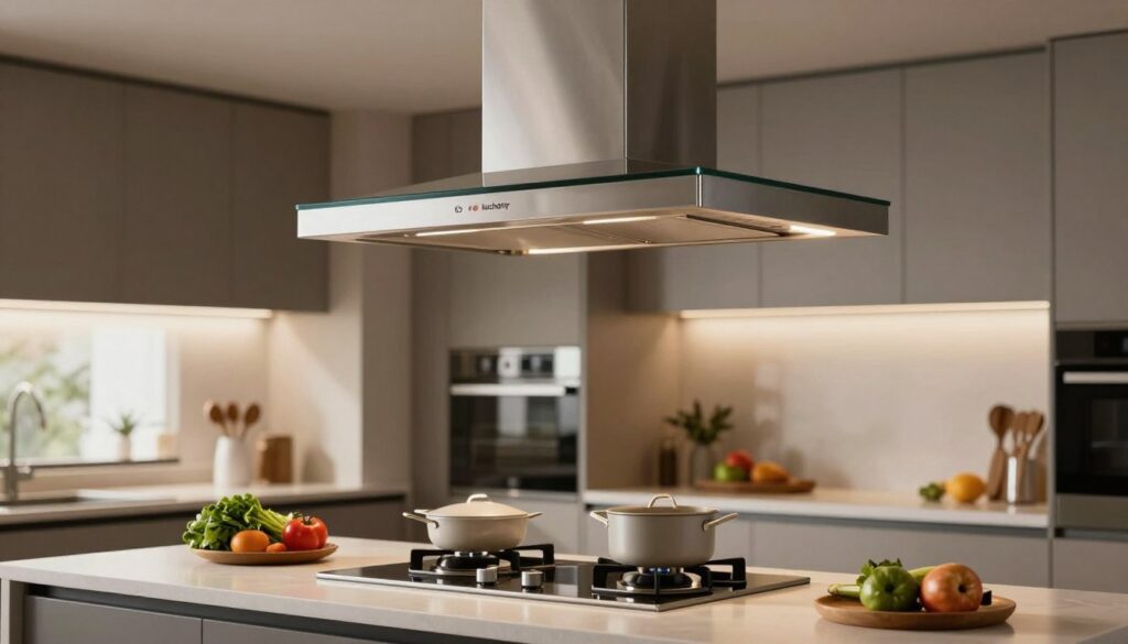 A modern kitchen featuring a sleek, contemporary kitchen hood (okap kuchenny) elegantly mounted above a central cooking island. The foreground displays the hood with an efficient design, showcasing stainless steel and glass elements reflecting soft, warm lighting. In the middle ground, a beautifully arranged cooking setup with fresh ingredients and a stylish cookware set. The background includes subtle detailing of kitchen cabinets and a window allowing natural light to filter in, creating an inviting and functional cooking space. The atmosphere is one of sophistication and practicality, emphasizing the importance of kitchen ventilation without connecting directly to a recuperator system. This visualization should convey clarity and focus on modern kitchen design principles.