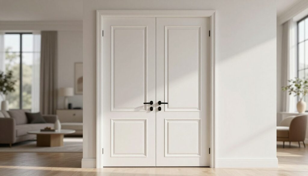 A pair of elegant white doors stands prominently in the foreground, characterized by a sleek, minimalist design with a smooth surface and subtle paneling. The middle ground features a softly lit room, adorned with modern furnishings and classic accents, showcasing a harmonious blend of style. Natural light filters in through large windows, creating warm highlights and gentle shadows that accentuate the doors' pristine finish. The background includes soft white walls, enhancing the sense of spaciousness and tranquility. The overall atmosphere is serene and inviting, embodying the principles of minimalist design, while reflecting a sophisticated harmony between modern and classic interior elements. The scene is photographed from a low angle to emphasize the doors’ height and elegance, ensuring an impactful visual representation. A pair of elegant white doors stands prominently in the foreground, characterized by a sleek, minimalist design with a smooth surface and subtle paneling. The middle ground features a softly lit room, adorned with modern furnishings and classic accents, showcasing a harmonious blend of style. Natural light filters in through large windows, creating warm highlights and gentle shadows that accentuate the doors' pristine finish. The background includes soft white walls, enhancing the sense of spaciousness and tranquility. The overall atmosphere is serene and inviting, embodying the principles of minimalist design, while reflecting a sophisticated harmony between modern and classic interior elements. The scene is photographed from a low angle to emphasize the doors’ height and elegance, ensuring an impactful visual representation.