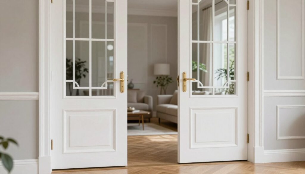 A pair of elegant white doors with intricate glass panels, set within a stylishly designed interior space. In the foreground, the pristine white doors shine softly under natural light, displaying delicate reflections on their glass surfaces. In the middle, a warm wooden floor complements the doors, enhancing the overall cohesion of the room. The background features a tastefully decorated living environment with neutral-toned walls and minimalistic decor. Soft, diffused lighting creates a calming atmosphere, with hints of greenery visible through the glass panels. Capture this scene from a slight angle to showcase the doors' depth and the inviting nature of the space, emphasizing an atmosphere of sophistication and harmony. Ensure the image is clean and professional, free from any text or logos.