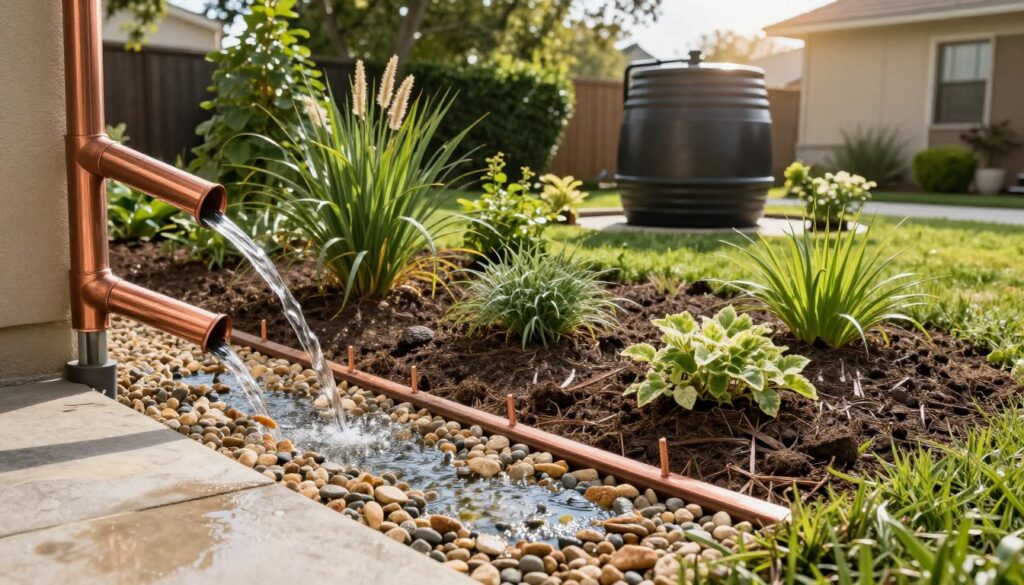 A peaceful residential backyard scene showcasing effective water drainage systems. In the foreground, neatly arranged downspouts guide water from a set of copper gutters into beautifully designed gravel beds, illustrating how water is redirected to the ground. The middle ground features native plants and a rain garden that collects excess water, promoting absorption. In the background, a large, eco-friendly rainwater harvesting barrel sits beneath a sunny sky, emphasizing sustainability. Soft, natural lighting highlights the vibrant greenery and textures of soil and stone, creating a serene and efficient landscape. The scene should evoke a sense of harmony with nature, showcasing modern home drainage solutions in a suburban setting. The angle is slightly elevated to capture the entire landscape in one cohesive view.