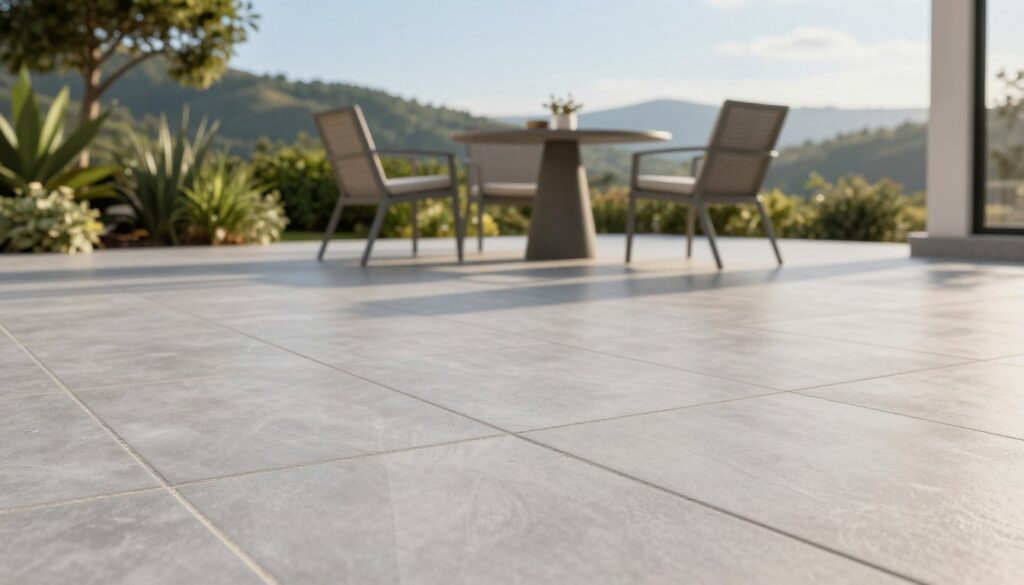 A picturesque terrace setting highlighting high-quality grout (fuga) used for tiles, essential for moisture and frost resistance. In the foreground, focus on the textured grout filling between sleek, modern ceramic tiles in a light gray hue, showcasing its durability and finish. The middle ground features a stylish outdoor furniture arrangement, with elegant chairs and a table set against lush green plants. In the background, a serene landscape with rolling hills and a clear blue sky enhances the tranquility. The lighting is soft and warm, suggesting a late afternoon sun, creating gentle shadows that accentuate the grout's uniformity. The overall mood is inviting and professional, perfect for showcasing technical properties in a relaxed outdoor atmosphere. A picturesque terrace setting highlighting high-quality grout (fuga) used for tiles, essential for moisture and frost resistance. In the foreground, focus on the textured grout filling between sleek, modern ceramic tiles in a light gray hue, showcasing its durability and finish. The middle ground features a stylish outdoor furniture arrangement, with elegant chairs and a table set against lush green plants. In the background, a serene landscape with rolling hills and a clear blue sky enhances the tranquility. The lighting is soft and warm, suggesting a late afternoon sun, creating gentle shadows that accentuate the grout's uniformity. The overall mood is inviting and professional, perfect for showcasing technical properties in a relaxed outdoor atmosphere.