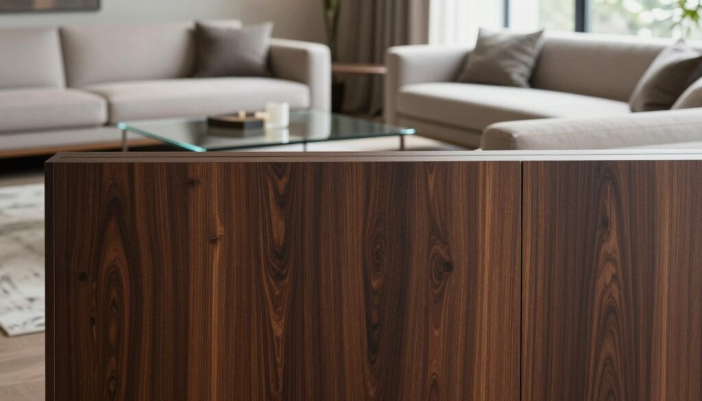 A richly textured panel of dark wood, showcasing deep browns and subtle grain patterns, situated prominently in the foreground. This elegant wood panel serves as a backdrop for a stylish living room scene featuring contemporary furniture in soft neutral tones, such as gray and cream, complementing the wood's warmth. The middle layer includes a sleek glass coffee table with minimalistic decor. In the background, soft natural light filters in through large windows, casting gentle shadows and enhancing the sophisticated atmosphere. The room has a polished, modern aesthetic, inviting and cozy, ideal for illustrating a refined interior design. Focus on capturing the elegance and richness of dark wood while maintaining a serene and inviting ambiance.