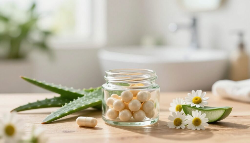 A serene and inviting scene showcasing probiotic skincare. In the foreground, an elegant, clear glass jar filled with colorful probiotic capsules sits atop a natural wooden surface. Surrounding it are botanical elements such as fresh aloe vera leaves and delicate chamomile flowers, symbolizing skin health. The middle ground features a softly blurred background of a bright, sunlit bathroom with green plants, conveying a refreshing and clean atmosphere. The lighting is warm and natural, creating a sense of calm and wellness. The overall mood is holistic and soothing, perfect for illustrating the beneficial effects of probiotics on skin microbiota.