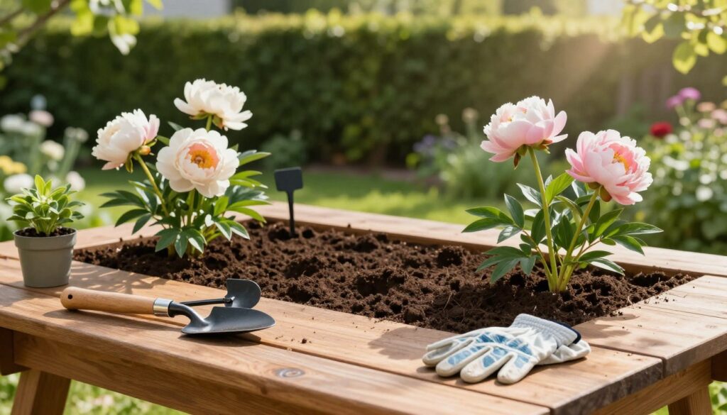 A serene and well-organized garden workspace demonstrating the key principles of preparing a planting site. In the foreground, a wooden garden table is neatly arranged with gardening tools such as a trowel, gloves, and plant markers. In the middle, rich, dark soil is framed perfectly, ready for planting, with healthy peonies and companion flowers placed strategically and artistically, enhancing the elegance of the scene. The background features a lush green hedge and soft sunlight filtering through leaves, casting gentle shadows. The atmosphere is calm and inviting, ideal for gardening. Shot with a shallow depth of field to emphasize the details of the tools and the planting area, using warm, natural lighting to create an uplifting feel.