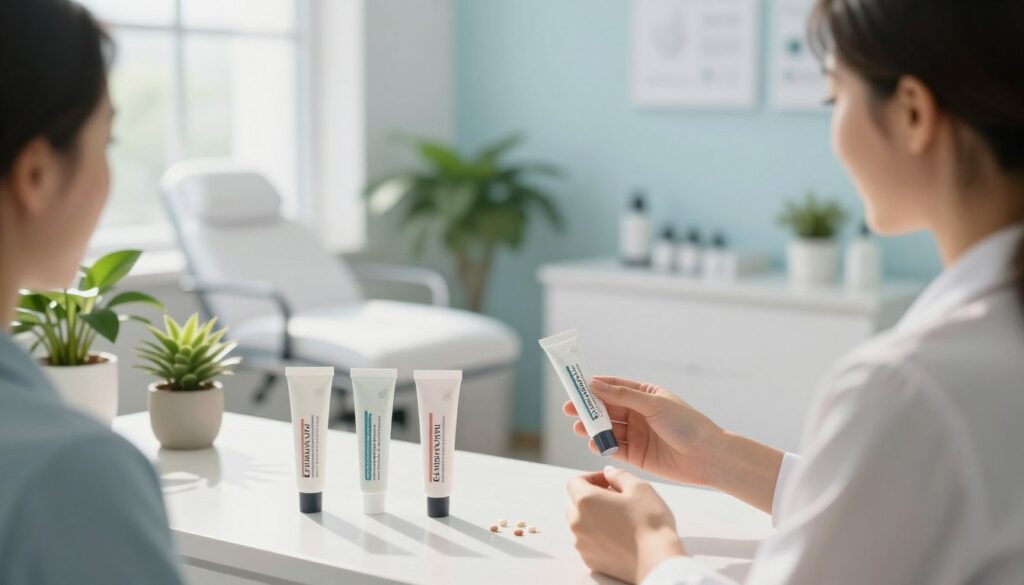 A serene dermatology clinic setting, showcasing a close-up of retinoid cream tubes on a neatly organized counter, surrounded by lush green plants, symbolizing skin rejuvenation. In the background, a softly lit consultation room displays soothing white and light blue tones, creating a calm atmosphere. Natural sunlight streams through a large window, highlighting the textures of the cream and the delicate details of the packaging. In the foreground, a professional-looking dermatologist in modest casual attire discusses skin health with a patient, demonstrating engagement and expertise. The overall mood is serene and informative, emphasizing the positive impact of retinoids on skin renewal and acne treatment.