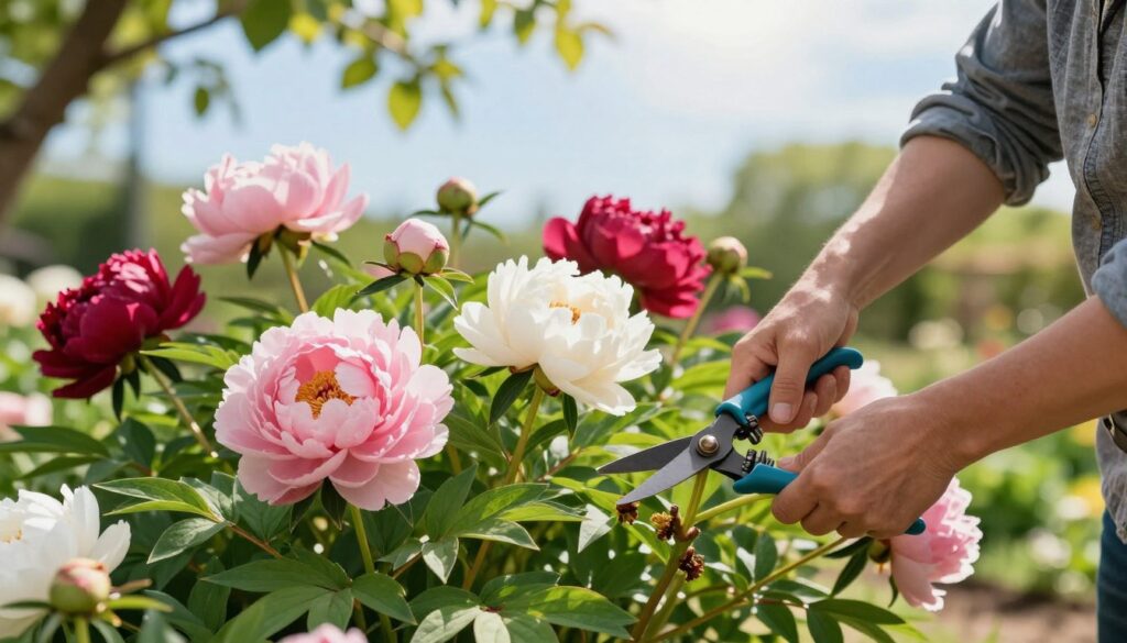 A serene garden scene featuring a gardener in modest casual clothing carefully pruning vibrant peonies. In the foreground, include lush green foliage and a close-up of the gardener’s hands delicately cutting back the peony stems with sharp garden shears. The middle ground showcases a variety of blooming peonies in shades of pink, white, and deep red, representing their splendor. In the background, a softly blurred view of a blue sky and dappled sunlight filtering through leafy branches adds warmth to the atmosphere. The lighting should be natural and bright, capturing the essence of a sunny day. The overall mood is peaceful and productive, highlighting the importance of pruning for plant health and longevity.