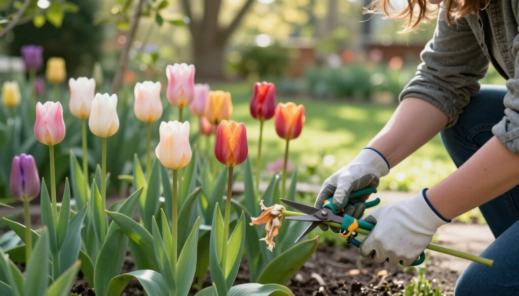 A serene garden scene highlighting the process of trimming tulips after their bloom. In the foreground, a gardener in modest casual clothing, wearing gloves and holding pruning shears, carefully cuts back wilted tulip stems, displaying various stages of blooming and withering. The middle ground showcases a variety of vibrant tulip colors fading into soft pastels, with healthy green foliage around them. The background features a lush garden with soft sunlight filtering through leafy trees, casting gentle shadows on the ground. The mood is peaceful and nurturing, emphasizing the care taken for bulb preparation for the next season. The focus is on the gardener’s hands and the tulips, captured with a shallow depth of field to accentuate the subject.