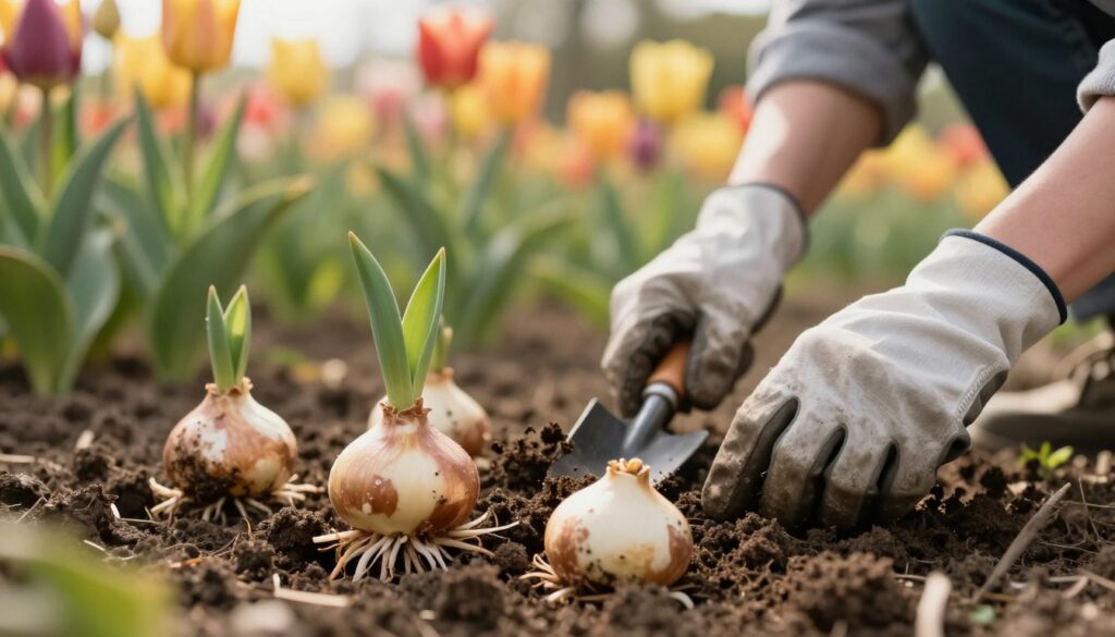 A serene garden scene showcasing freshly harvested tulip bulbs nestled in rich, dark soil. In the foreground, a close-up view of several delicate, plump tulip bulbs, showcasing their smooth skin and root structures, with a couple of green leaves still attached. The middle ground features a gardener gently digging around the bulbs, wearing modest gardening gloves and using a small trowel. The background is a soft-focus view of colorful tulip flowers in full bloom, bathed in soft, warm sunlight that enhances the vibrant colors. The overall atmosphere is tranquil and nurturing, reflecting the beauty of gardening and the importance of proper bulb care for future blooms. Shot with a shallow depth of field, creating a warm and inviting mood.