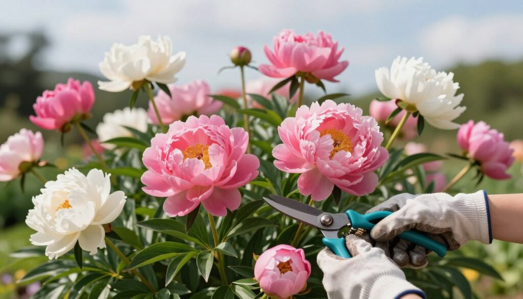 A serene garden setting in full bloom, focusing on the precise act of pruning peonies. In the foreground, a pair of hands, wearing light gardening gloves, delicately snipping vibrant pink and white peony stems using sharp pruning shears. The middle ground features lush clusters of peonies in varying stages of bloom, showcasing their rich colors and textures. Soft sunlight filters through lightly clouded skies, casting gentle shadows and highlighting the delicate petals. In the background, green foliage enhances the scene, creating an inviting and tranquil atmosphere. The overall mood is calm and nurturing, emphasizing the care involved in proper pruning techniques.