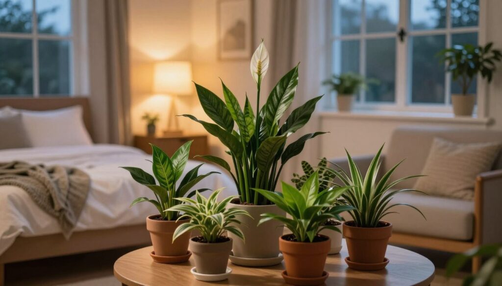 A serene indoor scene featuring a variety of vibrant potted plants that produce oxygen at night, such as Peace Lilies, Snake Plants, and Spider Plants. In the foreground, focus on a beautifully arranged coffee table adorned with these plants, showcasing their lush green leaves. The middle ground contains a comfortable bed with soft linens and a cozy throw, positioned next to a window that offers a glimpse of twilight outside. The background is softly illuminated by warm, ambient lighting, creating a peaceful, inviting atmosphere. Use a soft focus lens effect to enhance the tranquility, capturing the essence of a restful bedroom oasis perfect for promoting well-being.