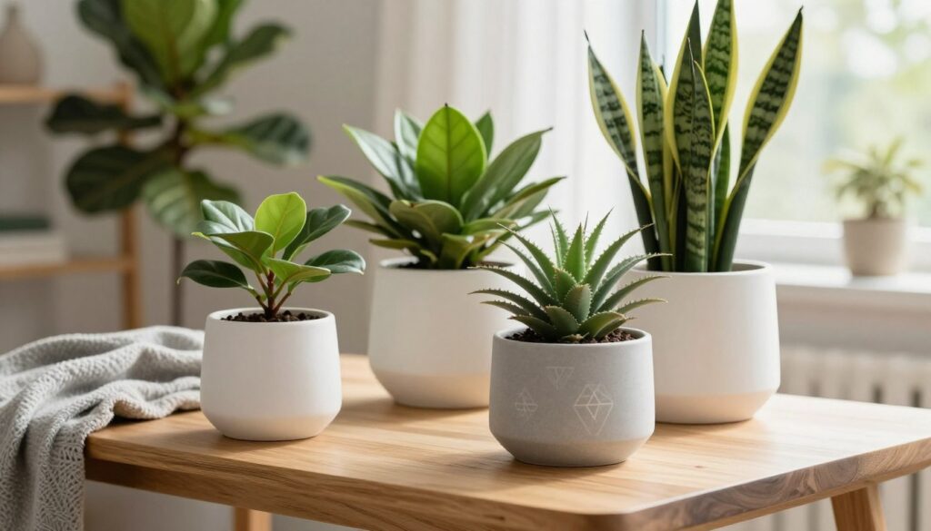A serene indoor setting showcasing Scandinavian-style plant pots in a minimalist design. In the foreground, elegant, simple ceramic pots in muted tones of white and light gray, with one featuring a delicate geometric pattern. Lush green plants, such as a small fiddle leaf fig and a vibrant snake plant, are artfully arranged in these pots. The middle ground features a clean wooden table with subtle grain details, and a cozy throw draped partially over it. The background shows a soft-focus window with natural light streaming in, illuminating the scene with a warm, inviting glow. The atmosphere is calm and harmonious, reflecting the essence of Scandinavian design with a touch of modern elegance.