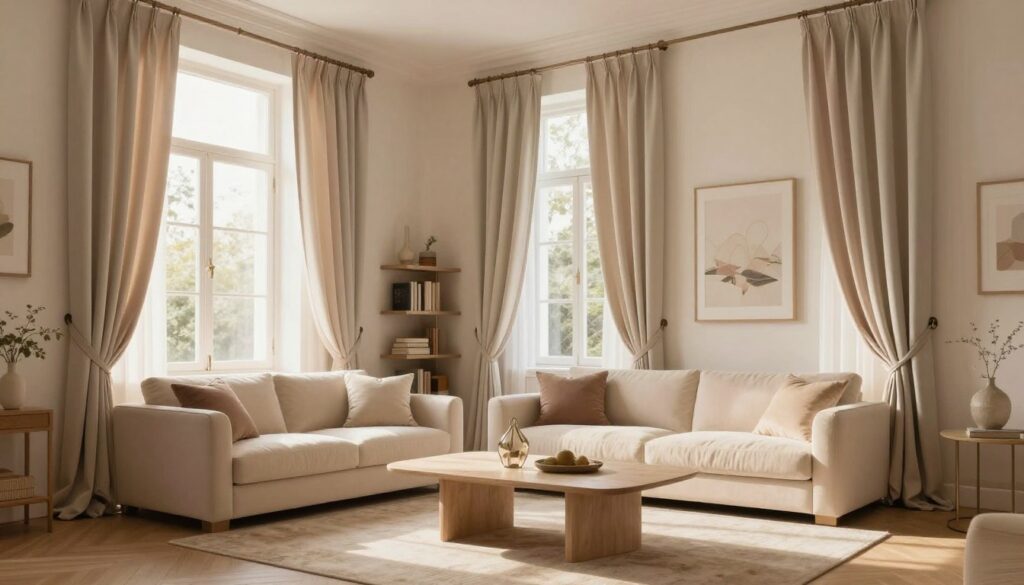 A serene interior scene featuring a living room with soft cream-colored walls. In the foreground, elegant curtains in a harmonious palette, perhaps soft pastels or gentle earth tones, elegantly frame large windows, allowing natural light to flood the room. The middle ground showcases tasteful furnishings like a plush sofa and a coffee table adorned with a decorative centerpiece. In the background, a cozy bookshelf and tasteful artwork complement the creamy walls, creating a warm and inviting atmosphere. The lighting is soft and diffused, mimicking the calming glow of late afternoon sun, enhancing the feeling of tranquility and harmony in the space. The overall mood is peaceful, reflecting a perfect balance of style and comfort. A serene interior scene featuring a living room with soft cream-colored walls. In the foreground, elegant curtains in a harmonious palette, perhaps soft pastels or gentle earth tones, elegantly frame large windows, allowing natural light to flood the room. The middle ground showcases tasteful furnishings like a plush sofa and a coffee table adorned with a decorative centerpiece. In the background, a cozy bookshelf and tasteful artwork complement the creamy walls, creating a warm and inviting atmosphere. The lighting is soft and diffused, mimicking the calming glow of late afternoon sun, enhancing the feeling of tranquility and harmony in the space. The overall mood is peaceful, reflecting a perfect balance of style and comfort.