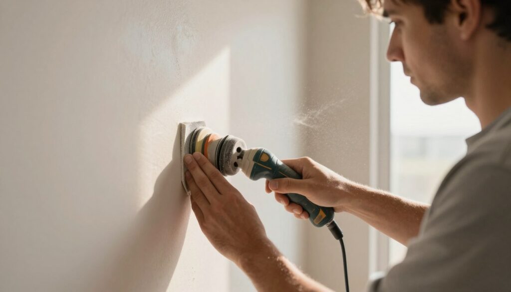 A skilled worker in modest casual clothing carefully sands a freshly applied wall finish, using a sanding tool with fine-grit sandpaper to achieve a smooth surface. In the foreground, the worker is focused, with a close-up of their hands applying even pressure. In the middle ground, dust particles float in the air, illuminated by soft, warm sunlight streaming through a nearby window, creating a serene and productive atmosphere. In the background, a partially finished wall with subtle texture highlights the contrast between rough and smooth surfaces, enhancing the theme of achieving perfection. The image captures the fine details of the sanding process, emphasizing the importance of tool choice, with a sense of tranquility and professionalism in the workspace.