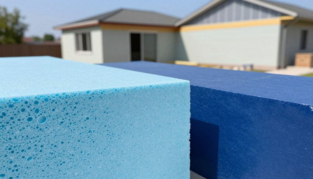 A split scene illustrating the comparison between styropian (EPS) and styrodur (XPS) insulation materials. In the foreground, two distinct sections: on the left, a piece of light blue styropian EPS with its characteristic texture and surface, showcasing its cellular structure; on the right, a piece of dark blue styrodur XPS with a smooth finish, emphasizing its rigidity. In the middle ground, a house foundation partially visible, being insulated with both materials to highlight their application. The background features a clear sky and greenery, creating a professional and informative atmosphere. The lighting is bright and natural, capturing the details of the materials. The camera angle is slightly elevated, providing a comprehensive view without any text or clutter.