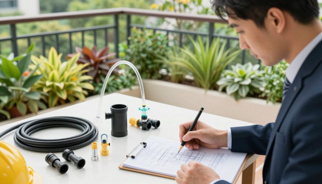 A step-by-step planning and installation scene for an automated balcony irrigation system. In the foreground, a landscape architect is carefully drawing up plans on a notepad, wearing professional attire. In the middle ground, various irrigation components like hoses, drip emitters, and connectors are neatly arranged on a work table, showcasing their function. In the background, a beautiful balcony filled with vibrant plants and greenery, illustrating the end goal of a flourishing garden. Soft, natural lighting enhances the atmosphere, giving a serene and organized feel. The lens captures a close-up view, focusing on the professional's thoughtful expression as they plan the installation, while also providing a glimpse of the lush balcony garden thriving under efficient irrigation.