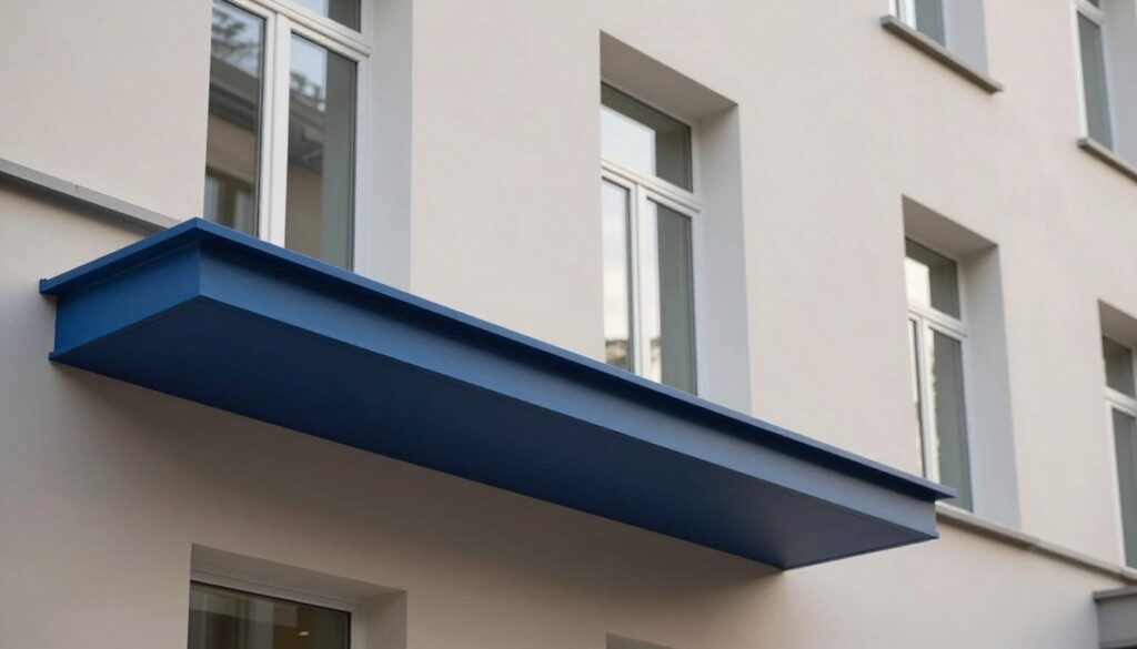 A striking image showcasing a modern building with a vibrant, contrasting external window sill (parapet) that stands out against a neutral-toned facade. In the foreground, focus on the parapet adorned with a deep blue finish, enhancing visual interest. The middle ground features elegant windows framed in a crisp white, seamlessly integrating the structure. In the background, the muted colors of the building’s exterior create a warm, inviting atmosphere. Soft, natural lighting illuminates the scene, casting subtle shadows to emphasize depth. Use a wide-angle lens perspective to capture the entirety of the composition, evoking a sense of harmony and sophistication in exterior design. The mood is fresh and contemporary, highlighting the idea of contrast to enhance architectural beauty.