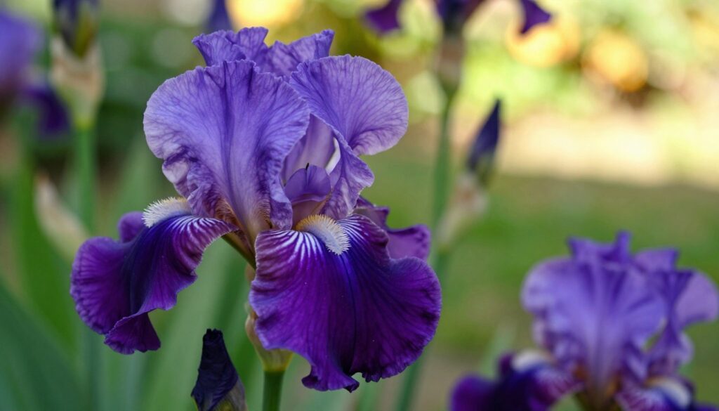 A stunning iris known as "irys bródkowy" in full bloom, showcasing its intricate petals in vibrant shades of deep purple and soft lavender, accented with delicate white markings. In the foreground, focus on a close-up view of the flower’s velvety texture and vivid color detail, highlighting the prominent, ruffled edges. In the middle ground, include a lush green backdrop of leaves and stems, providing a natural contrast that enhances the flower's beauty. The background features a softly blurred garden, dappled with warm golden sunlight filtering through, creating a serene and inviting atmosphere. The shot should be taken with a shallow depth of field, using a macro lens from a slight angle to emphasize the exquisite details of the iris, evoking a sense of elegance and tranquility. A stunning iris known as "irys bródkowy" in full bloom, showcasing its intricate petals in vibrant shades of deep purple and soft lavender, accented with delicate white markings. In the foreground, focus on a close-up view of the flower’s velvety texture and vivid color detail, highlighting the prominent, ruffled edges. In the middle ground, include a lush green backdrop of leaves and stems, providing a natural contrast that enhances the flower's beauty. The background features a softly blurred garden, dappled with warm golden sunlight filtering through, creating a serene and inviting atmosphere. The shot should be taken with a shallow depth of field, using a macro lens from a slight angle to emphasize the exquisite details of the iris, evoking a sense of elegance and tranquility.
