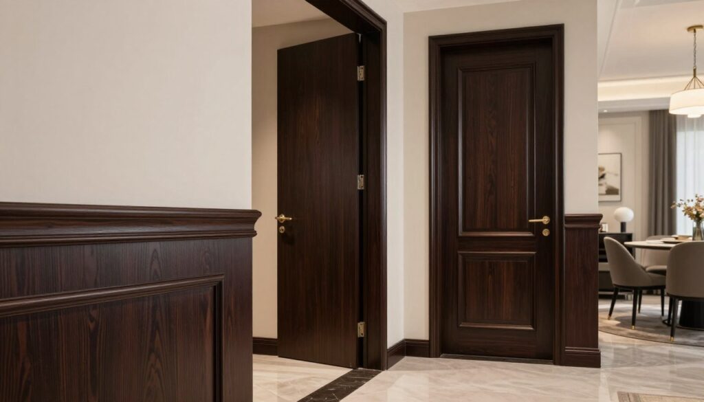 A stylish interior scene showcasing dark baseboards harmoniously paired with dark doors. In the foreground, close-up view of elegant, polished dark baseboards with intricate designs. The middle ground includes solid dark wood doors, highlighted to contrast against soft, neutral wall colors. In the background, a tastefully decorated room featuring contemporary furniture and decor that complement the color scheme. The lighting is warm and inviting, emanating from a chic pendant lamp, casting soft shadows that enhance the textures of the wood. The atmosphere exudes sophistication and elegance, perfectly illustrating how dark baseboards can enhance the overall aesthetic of a room with dark doors. Focus on clarity and detail in the wood grain and finishes to highlight craftsmanship.