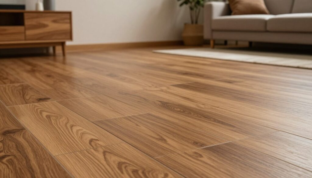 A stylish interior space showcasing tiles that mimic the appearance of wood. In the foreground, there are several square tiles arranged in an elegant pattern, featuring rich oak wood textures with natural grain details. The middle section displays a polished wooden floor blending harmoniously with the tiles, creating a seamless transition. The background features a tasteful living room setup, with neutral walls and soft lighting that emphasizes the warmth of the wood tones. Soft shadows accompany the light, creating a cozy atmosphere, while a close-up angle captures the intricate details of the tiles, showcasing their realistic wood-like appearance. The mood is inviting and harmonious, perfect for inspiring design ideas.