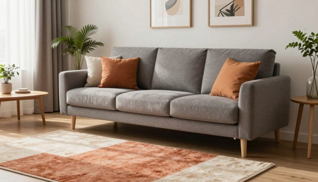 A stylish living room featuring a cozy gray sofa as the focal point, elegantly adorned with colorful cushions. In front of the sofa lies a plush, warm-toned area rug, showcasing shades of terracotta and cream, enhancing the inviting ambiance. The background includes a minimalistic coffee table made of light wood, and a few decorative plants on the sides to add vitality. Soft, natural light filters through sheer curtains, creating a warm, welcoming atmosphere. The overall composition is organized with the sofa and rug in the foreground, with tastefully decorated walls and subtle artwork in the middle ground, and a gentle, neutral backdrop that complements the scene. The mood evokes comfort and warmth, suitable for a serene living space.