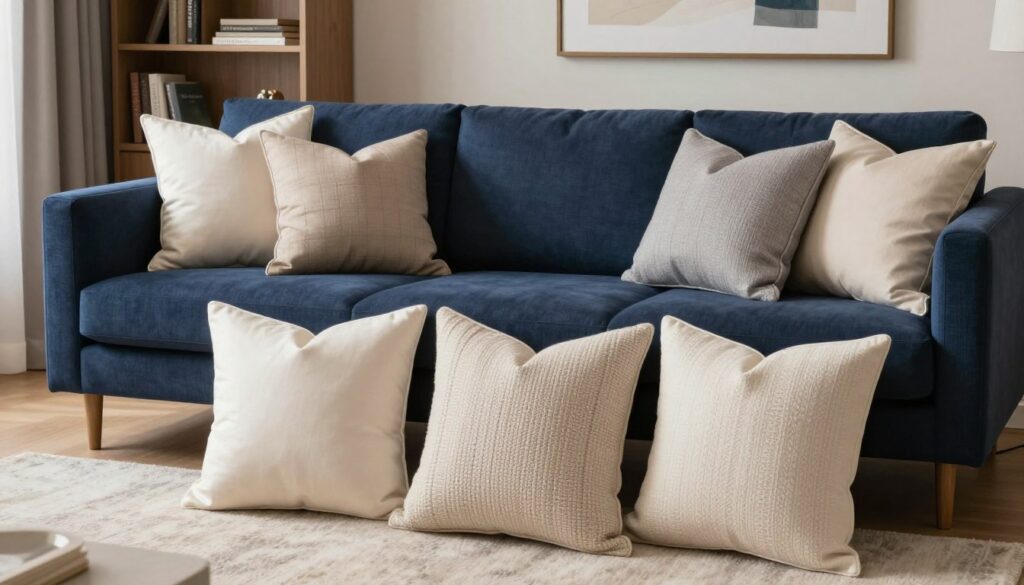 A stylish living room featuring a navy blue sofa adorned with elegant throw pillows in various neutral tones such as beige, cream, and soft gray. The foreground showcases a cozy arrangement of the pillows, highlighting different textures like silk and knitted fabrics. In the middle, the navy sofa is positioned against a light-colored wall that enhances its richness, complemented by a plush area rug beneath it. The background reveals a tastefully organized bookshelf and a subtle, abstract artwork that adds an artistic touch. The scene is illuminated by soft, warm lighting, creating an inviting and sophisticated atmosphere. Capture the image from a slightly elevated angle to emphasize the arrangement of pillows and the overall elegance of the interior design.