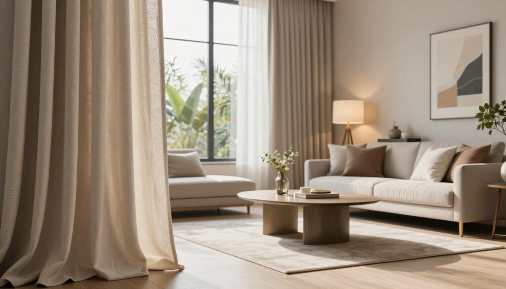 A stylish living room featuring elegant curtains in soft, flowing fabrics, beautifully draped along a tall window that lets in gentle, warm daylight. The foreground showcases the luxurious texture of the curtains with intricate patterns, while the middle ground reveals a tastefully arranged seating area with a modern sofa, accent pillows, and a chic coffee table. The background features tasteful decor elements such as plants, art pieces, and a softly glowing lamp. The scene is captured with natural light, creating a serene and inviting atmosphere. The composition is shot from a slightly angled perspective to enhance the depth and elegance of the space, emphasizing how light interacts with the fabric to showcase its color and design, suggesting a feeling of tranquility and comfort.