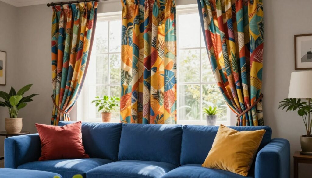 A stylish living room featuring vibrant contrast curtains draping elegantly around a large window. The foreground showcases a plush blue sofa adorned with colorful throw pillows. In the middle ground, the focus is on the beautifully patterned, brightly colored curtains that stand out against neutral wall tones, creating a lively atmosphere. In the background, there’s a hint of greenery from potted plants, adding freshness to the scene. Soft, natural sunlight filters through the curtains, casting warm shadows and enhancing the texture of the fabrics. The mood is energetic and inviting, with an emphasis on a modern, cohesive interior design that resonates with the theme of vibrant contrasts. The image is captured from a slightly wide angle to encompass the entire ensemble.
