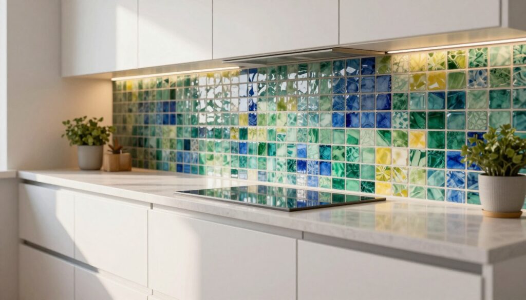 A stylish, modern kitchen featuring an accent wall adorned with vibrant mosaic tiles. In the foreground, showcase the intricate patterns of the tiles, highlighting a mix of colors such as deep blues, rich greens, and soft yellows, creating a captivating focal point. In the middle, display sleek white cabinetry and a polished countertop reflecting natural light. The background should include warm, ambient lighting that enhances the overall atmosphere, with a hint of greenery from potted herbs on the counter. Use a slightly elevated angle to capture the depth of the design, conveying a sense of elegance and timelessness in this inviting culinary space. Focus on creating a harmonious blend of textures and colors that exemplify the beauty of mosaic tiles in contemporary kitchen design.