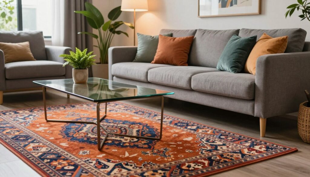 A tranquil relaxation zone featuring a stylish gray couch adorned with colorful cushions and a vibrant rug that adds warmth and dynamism to the space. The foreground showcases intricate patterns and textures of the rug, while the middle ground displays elegantly designed furniture, such as a coffee table with a glass top and lush green plants. The background features soft, ambient lighting that enhances the inviting atmosphere, with large windows allowing natural light to filter in, illuminating the textures and creating subtle shadows. The setting evokes a sense of comfort and harmony, ideal for unwinding after a long day, with a balance of modern aesthetics and cozy appeal. The image captures the essence of how patterns and textures influence the perception of a relaxed living area.