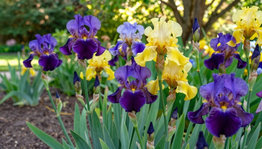 A vibrant and lush garden scene showcasing a variety of bearded irises in full bloom, their intricate petals displaying a spectrum of colors including deep purples, bright yellows, and soft blues. In the foreground, focus on the irises with detailed close-ups of their unique textures and patterns. The middle ground features healthy green foliage and well-structured soil, illustrating the ideal growing conditions for irises. In the background, soft sunlight filters through lush trees, creating a warm and inviting atmosphere with subtle bokeh effects. Capture this scene from a low angle, emphasizing the flowers' height and grandeur, while the overall mood conveys serenity and beauty, reflecting the essential soil requirements for these exquisite plants. The image is free of text overlays or watermarks. A vibrant and lush garden scene showcasing a variety of bearded irises in full bloom, their intricate petals displaying a spectrum of colors including deep purples, bright yellows, and soft blues. In the foreground, focus on the irises with detailed close-ups of their unique textures and patterns. The middle ground features healthy green foliage and well-structured soil, illustrating the ideal growing conditions for irises. In the background, soft sunlight filters through lush trees, creating a warm and inviting atmosphere with subtle bokeh effects. Capture this scene from a low angle, emphasizing the flowers' height and grandeur, while the overall mood conveys serenity and beauty, reflecting the essential soil requirements for these exquisite plants. The image is free of text overlays or watermarks.