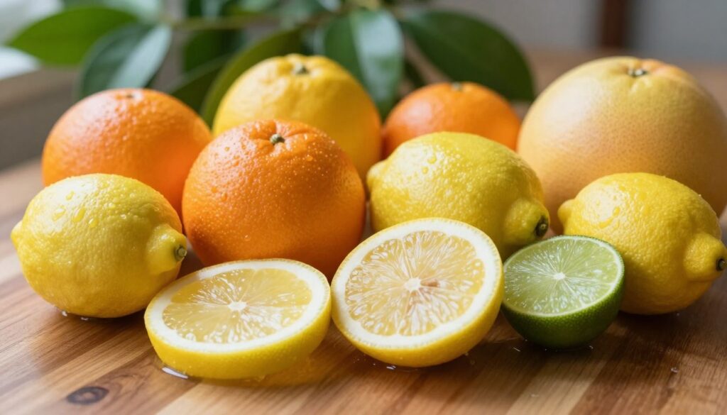 A vibrant arrangement of assorted citrus fruits including oranges, lemons, limes, and grapefruits, artistically displayed on a polished wooden surface. In the foreground, juicy slices of lemon and lime glisten with dew, showcasing their bright yellow and green hues. The middle of the composition features whole, fresh citrus fruits, with the light reflecting off their shiny skins, emphasizing their textures. In the background, a soft-focus of lush green leaves enhances the freshness of the scene, creating a natural atmosphere. The image is bathed in warm, natural light, evoking a cheerful and inviting mood. Use a close-up angle to capture the detail in the fruit's surface, while maintaining a shallow depth of field to keep the focus on the citrus fruits.
